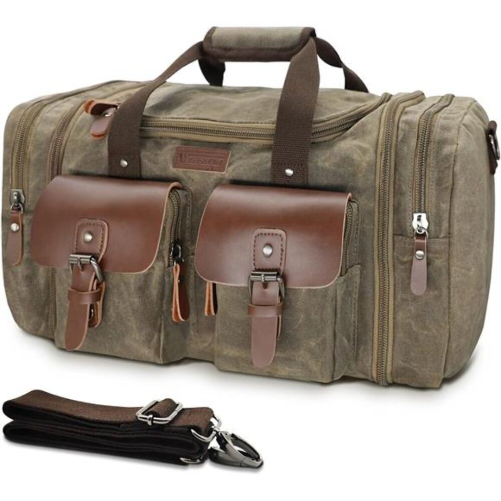 Duffle Bag for Travel, 50L Waterproof Waxed Canvas Genuine Leather Weekender Bag
